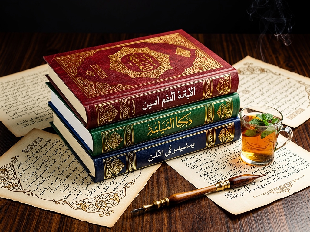 Stack of contemporary Arabic literature books with colorful spines on a wooden surface