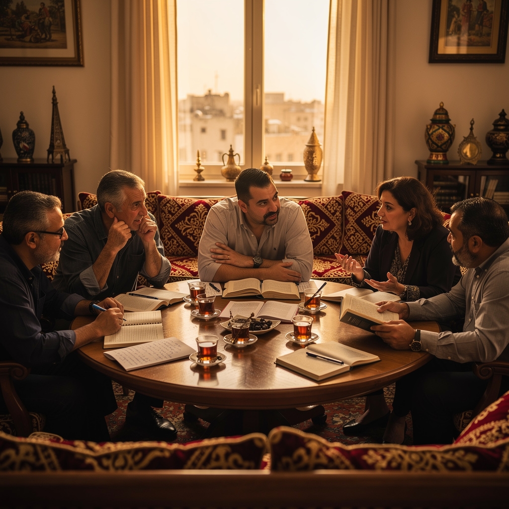 Egyptian book club members engaged in animated discussion around a table with open books