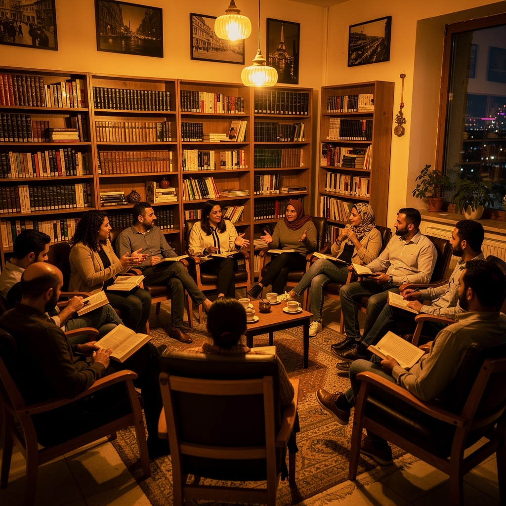 Readers gathering in a Cairo community space surrounded by books and warm light