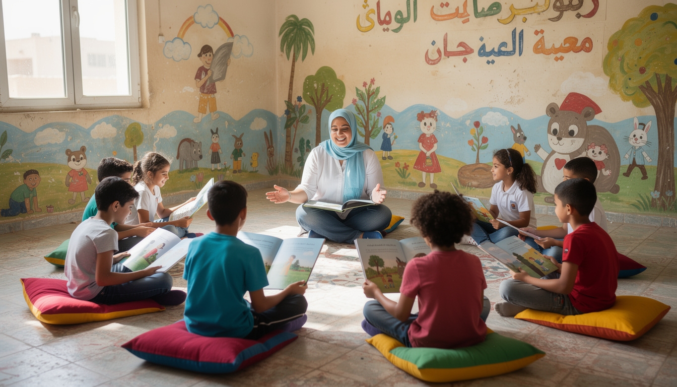 Colorful children's books spread open on a bright classroom floor with illustrated pages visible