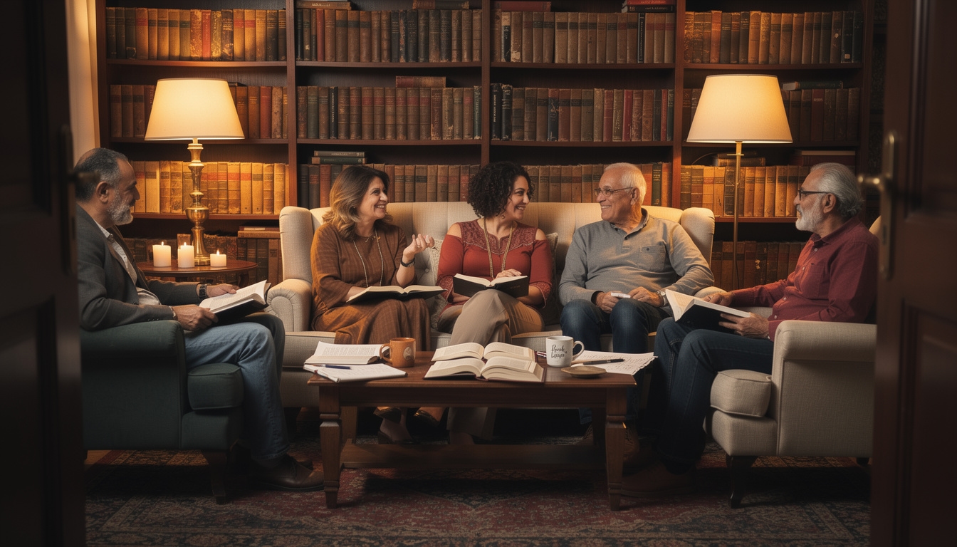 Established reading group of Egyptian adults in a comfortable library space with bookshelves, engaged in deep discussion with books and notes on the table
