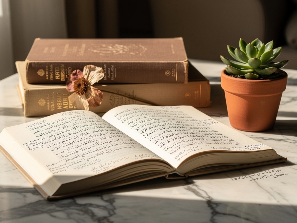 Open poetry anthology and nonfiction books on a marble surface with a small potted plant and warm afternoon light