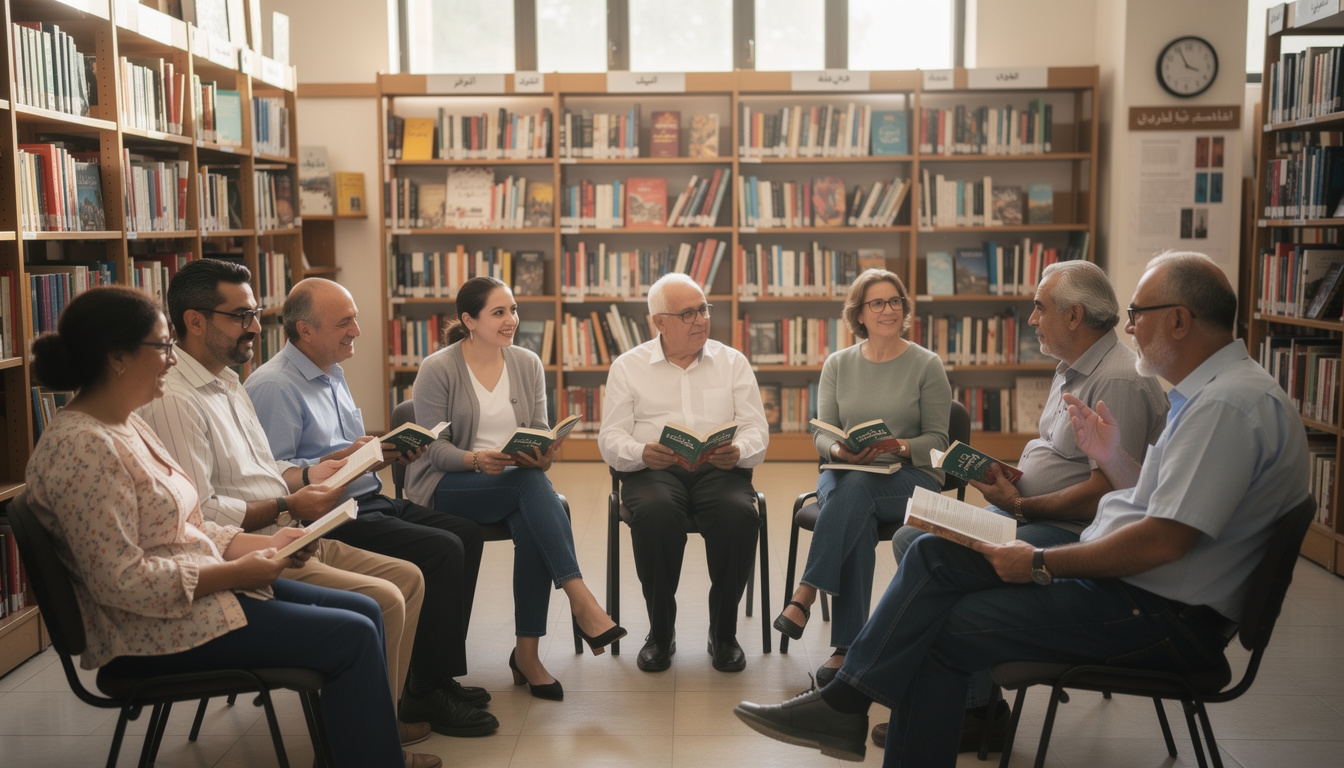 Reading group meeting in Alexandria with participants of various ages seated in a circle with books open