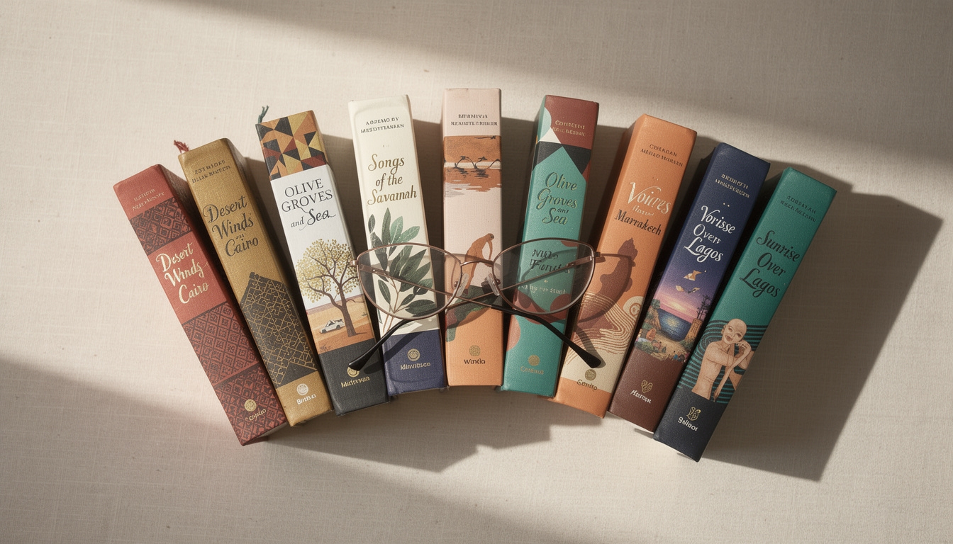 Curated selection of world fiction novels arranged in a fan pattern on a linen surface with reading glasses