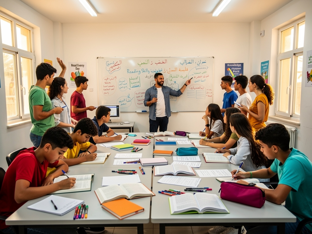 Young Egyptian students participating in a literacy workshop with a facilitator in a bright community center